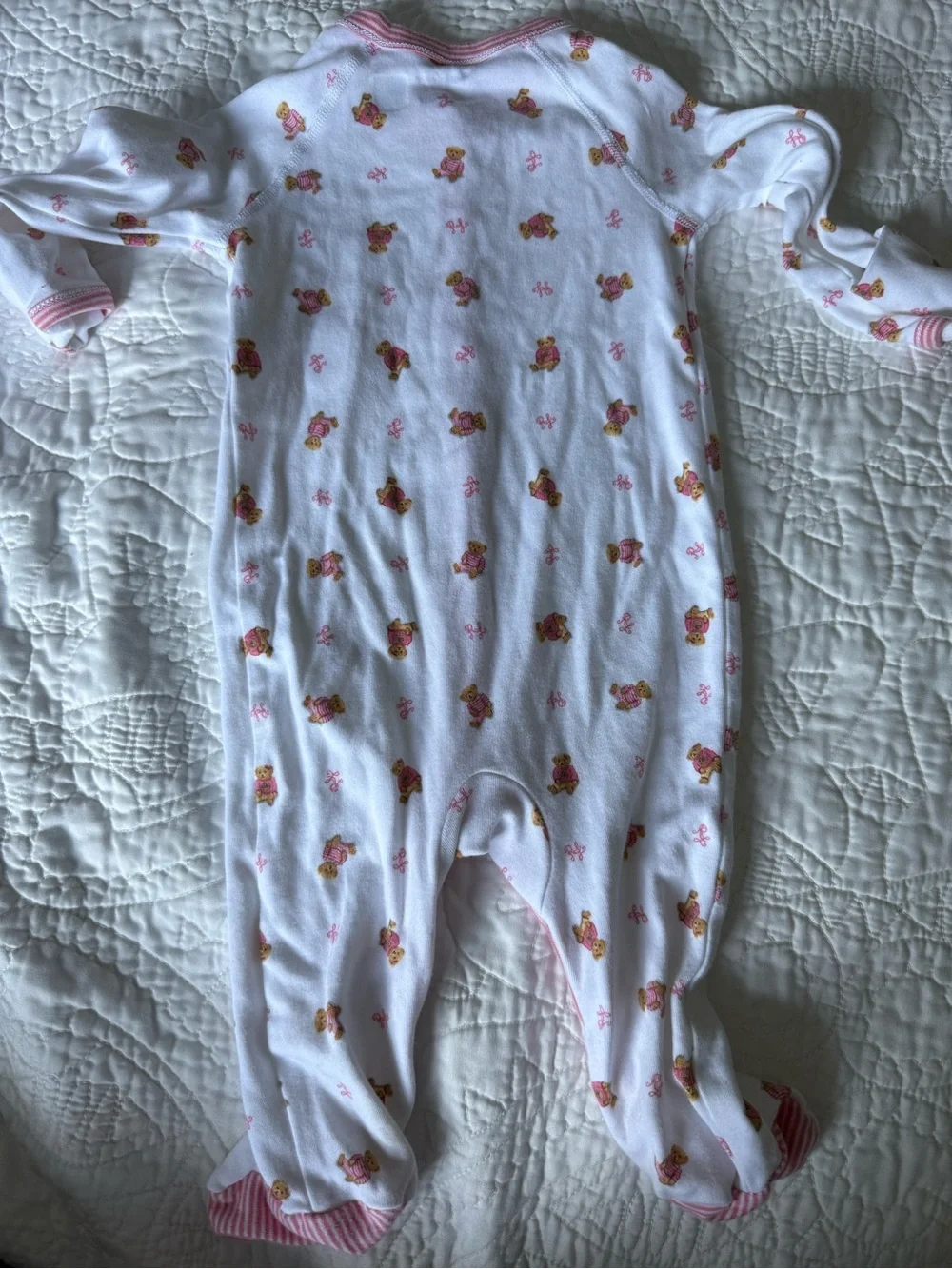 Polo by Ralph Lauren White Footed Coverall with Pink Trim and Bear Print